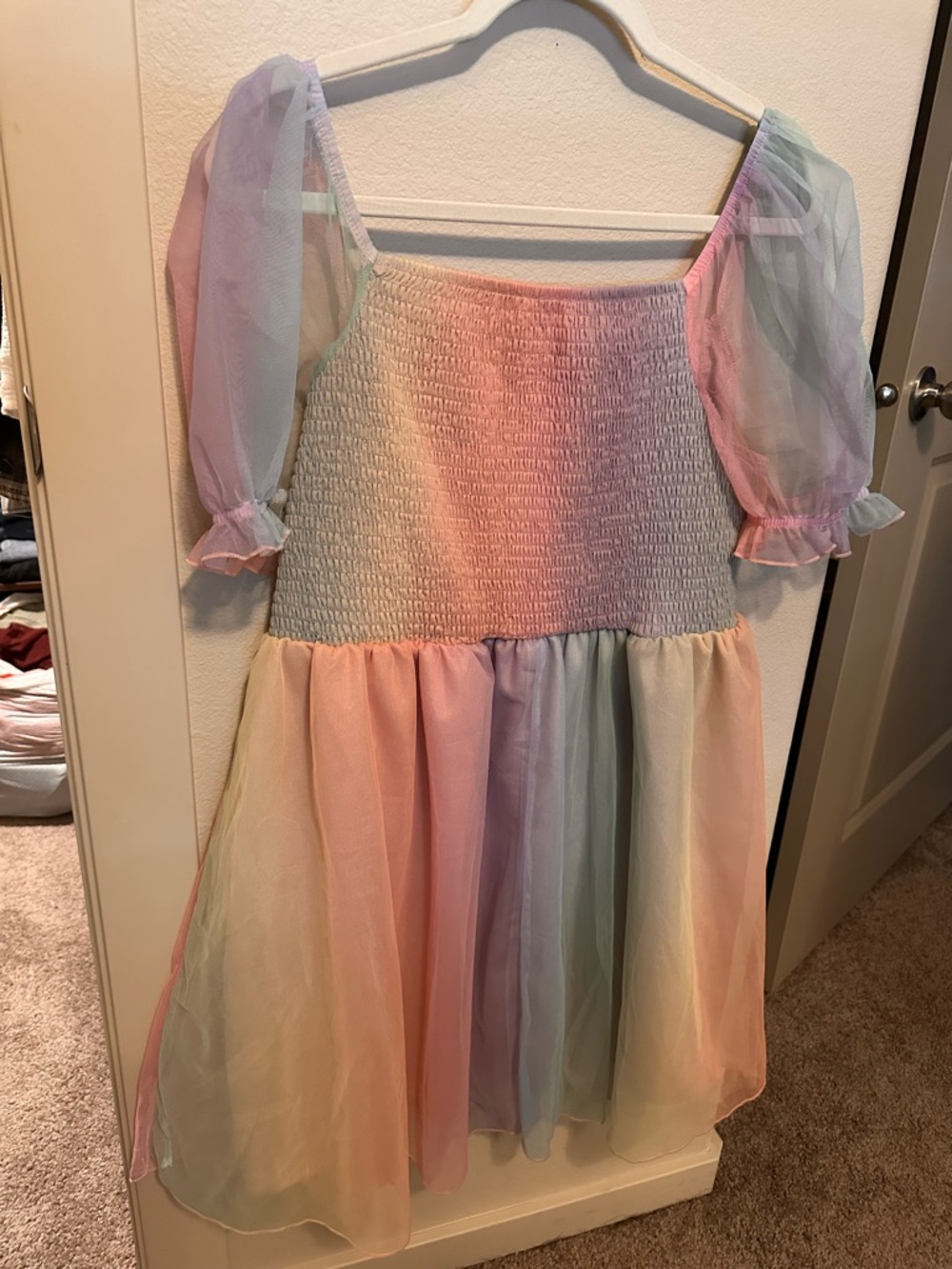 Pastel Rainbow Tulle Puff Sleeve Kids Dress - Picture 2 of 4